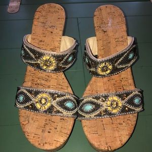 Corkys Bliss Wedge Slides - Bedazzled straps with cork wedge base - Size 8